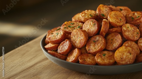 Savor the sight of freshly grilled kielbasa sausages resting on a white plate, highlighting their golden-brown crust and juicy interior, inviting taste and satisfaction