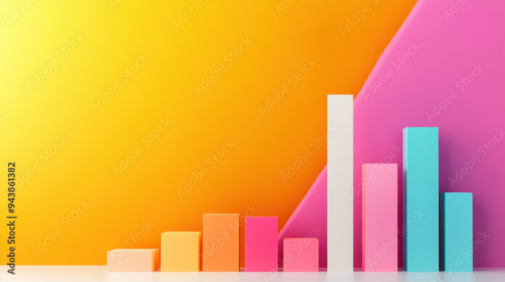 Colorful 3D bar graph visualization on a vibrant yellow and pink background displaying data growth and analysis concept