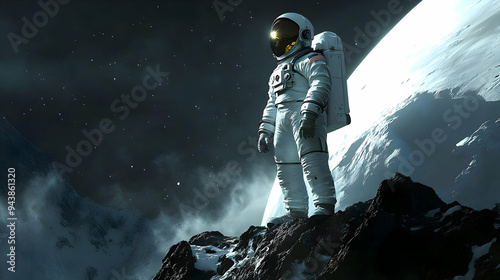 Astronaut standing on a rocky surface with a large planet in the background.