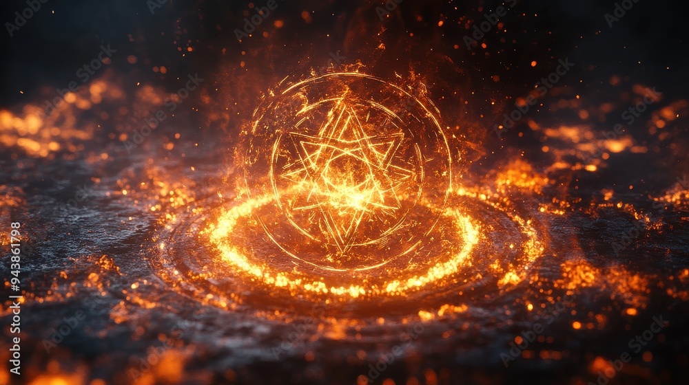 Fototapeta premium Magical fire rune with blazing symbols, ethereal fire aura, studio lighting, seamless white background, incredibly detailed