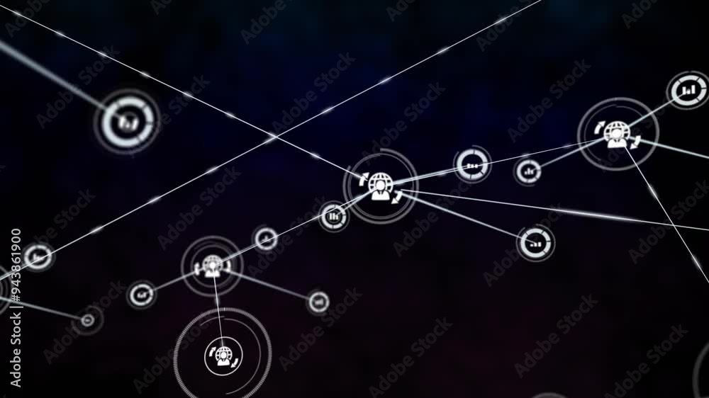 Network of interconnected icons and data processing animation over dark background Network of interconnected icons and data processing animation over dark background