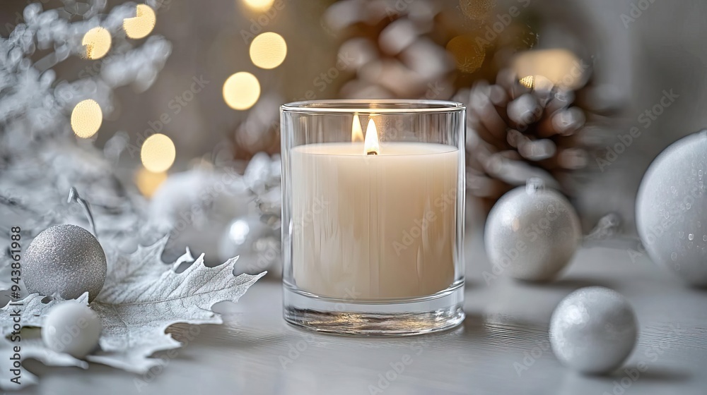Blank clear straight candle glass on a minimalist wooden table with simple white and gold decorations, modern minimalist Christmas mockup, refined and understated Blank clear straight candle glass on a minimalist wooden table with simple white and gold decorations, modern minimalist Christmas mockup, refined and understated