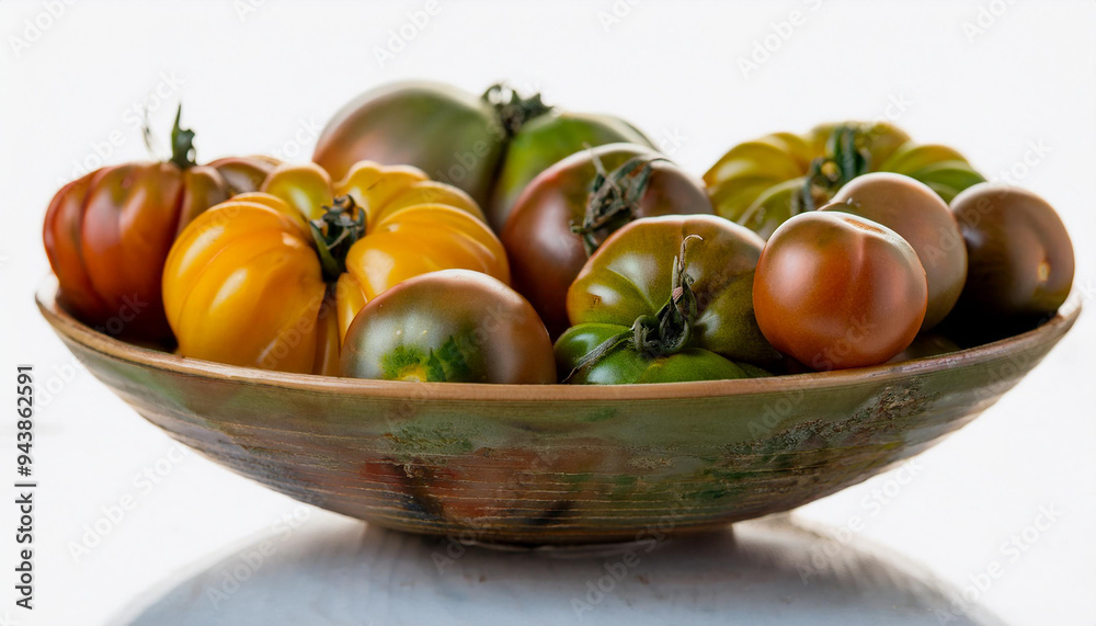 Bowl of heirloom tomatoes. Fresh and tasty harvest. Farm product. Delicious and ripe vegetable. Bowl of heirloom tomatoes. Fresh and tasty harvest. Farm product. Delicious and ripe vegetable.