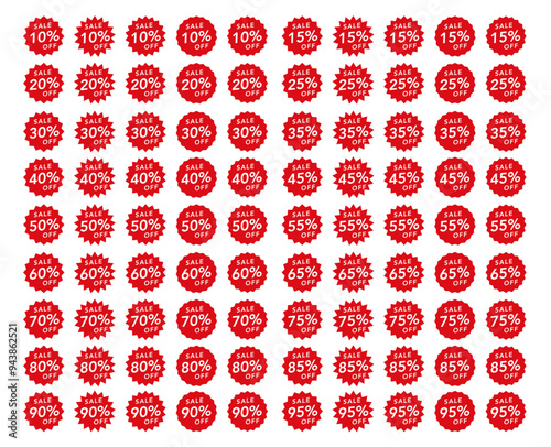 Vector sale price stickers and labels, star and rosette, splash, stamp and tag badges. Isolated vector circle and oval red stickers, promo labels and tags