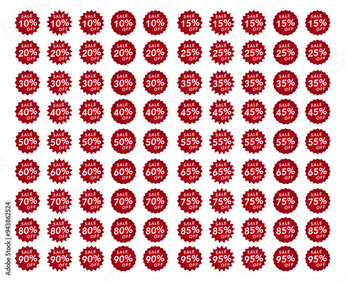 Vector sale price stickers and labels, star and rosette, splash, stamp and tag badges. Isolated vector circle and oval red stickers, promo labels and tags