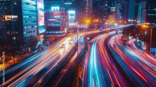Timelapse of high-speed traffic, with vibrant light trails representing the fast-paced energy of urban life.