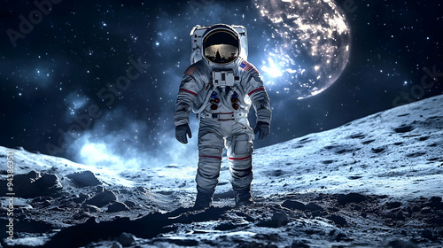 Astronaut standing on the surface of the moon under starry night with earth in the background.