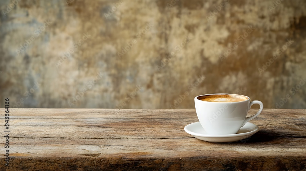 A solitary coffee cup rests on a rustic wooden table creating a simple minimalist scene with ample copy space for text or design overlay A solitary coffee cup rests on a rustic wooden table creating a simple minimalist scene with ample copy space for text or design overlay