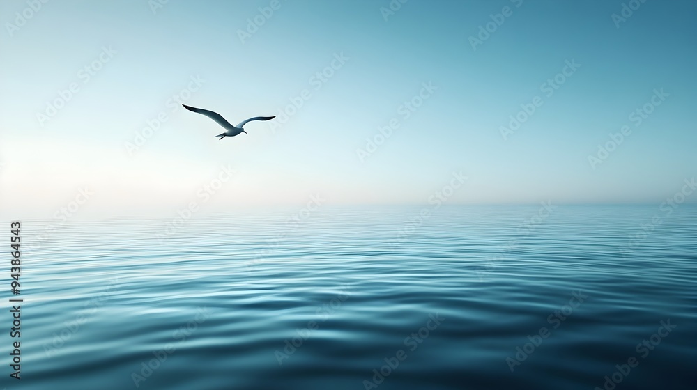 Fototapeta premium A single bird gracefully soaring over a calm serene ocean seascape with a clear blue sky providing ample copy space for text or graphic overlays