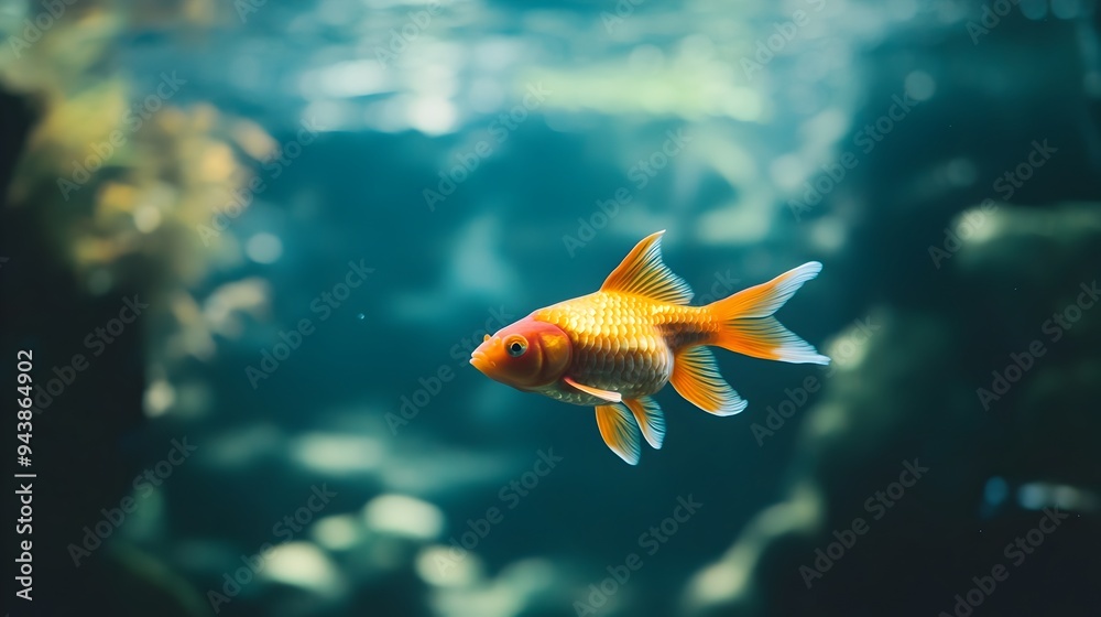 A lone fish swimming gracefully through the clear tranquil waters of a vast aquarium providing a serene and mysterious backdrop with ample copy space for text or design elements
