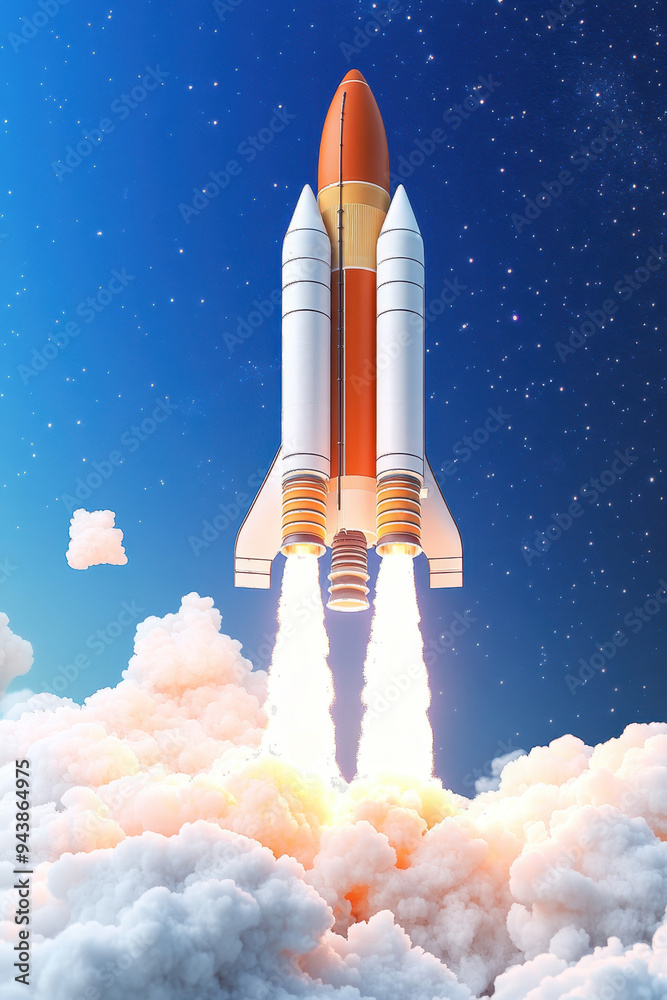 Rocket ascending through bright clouds with flames and smoke against a starry night sky in a digital art style Rocket ascending through bright clouds with flames and smoke against a starry night sky in a digital art style