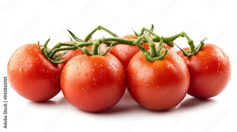 A cluster of fresh, ripe tomatoes with water droplets on a white background. A cluster of fresh, ripe tomatoes with water droplets on a white background.