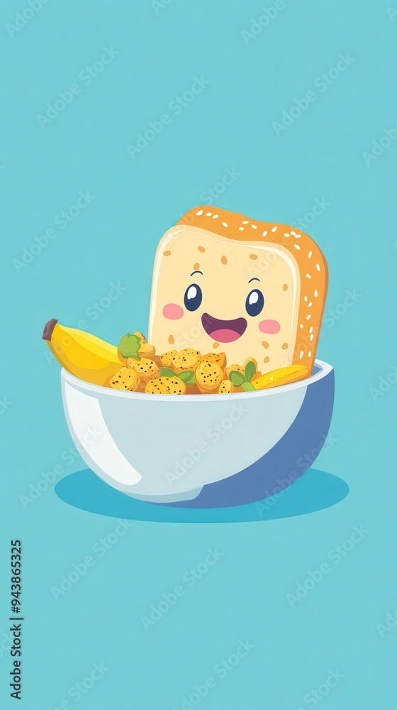 A whimsical bowl showcases a smiling slice of bread surrounded by bananas and crunchy snacks, creating a fun and inviting atmosphere A whimsical bowl showcases a smiling slice of bread surrounded by bananas and crunchy snacks, creating a fun and inviting atmosphere