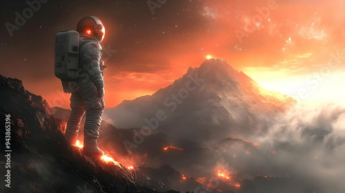 Astronaut stands on a volca...
