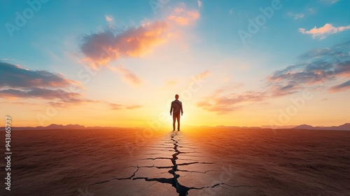 A lone figure standing in a cracked desert landscape, bathed in the warm glow of a sunrise, symbolizing solitude and hope.