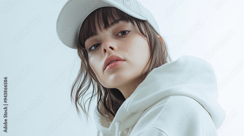 A confident woman in urban streetwear poses thoughtfully against a soft backdrop highlighting her casual style and effortless beauty A confident woman in urban streetwear poses thoughtfully against a soft backdrop highlighting her casual style and effortless beauty