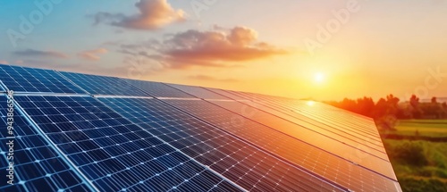 A rural village with solar panels on every roof, bathed in soft morning light The camera is positioned at a slight elevation, capturing the harmony of nature and technology