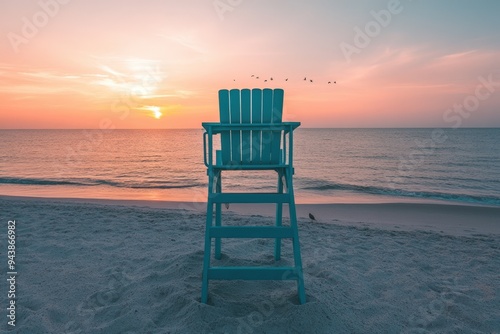 A lifeguard chair on a beach, with the sun setting in the background.