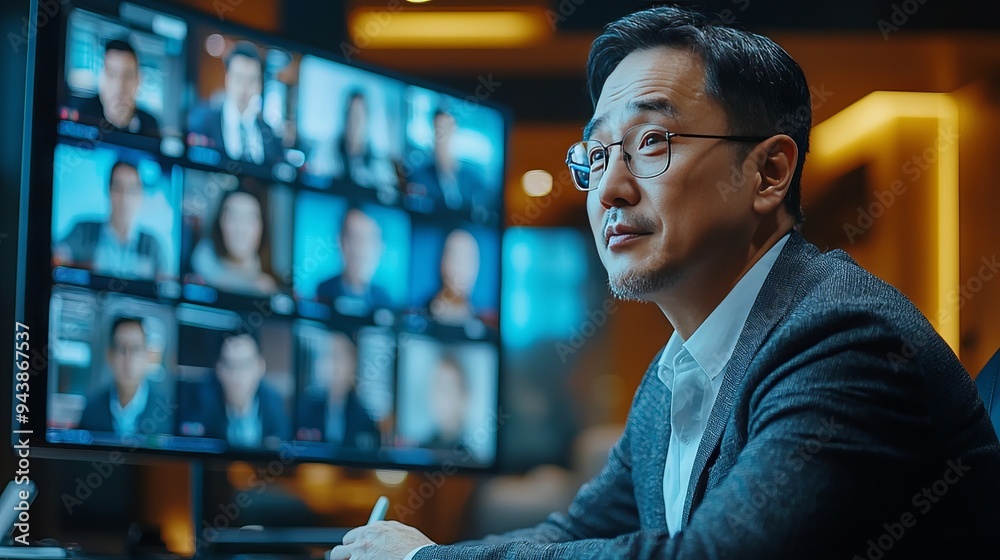 Businessman in a video conference call in a modern office Businessman in a video conference call in a modern office