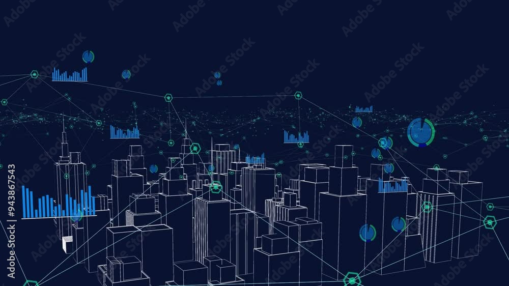 Cityscape with data processing and network connections animation over buildings Cityscape with data processing and network connections animation over buildings
