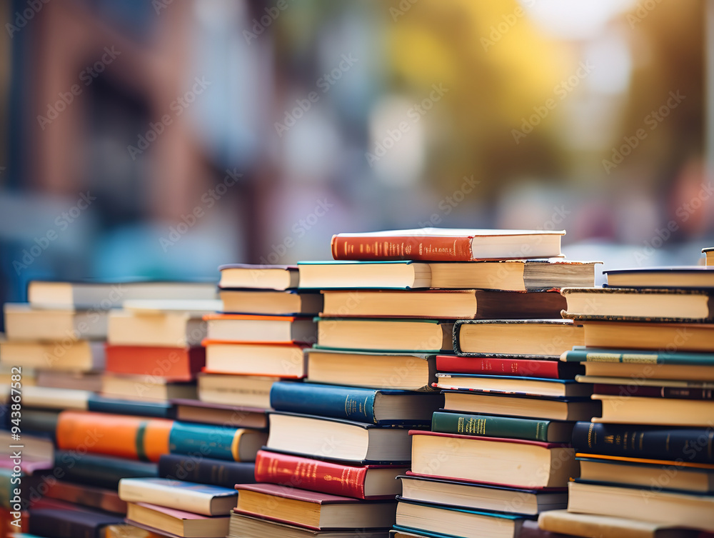Attractive A stack of books with a library scene behind Attractive A stack of books with a library scene behind
