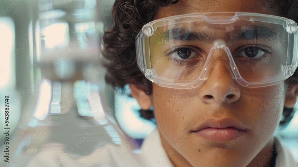 A young boy wearing safety goggles is looking at the camera A young boy wearing safety goggles is looking at the camera