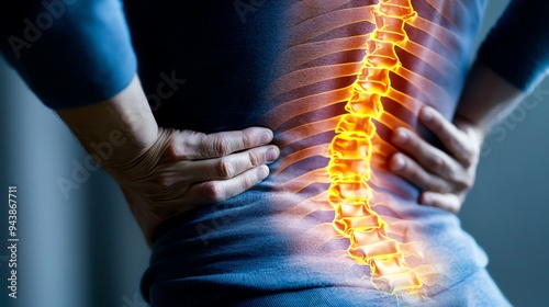 A close-up of a human spine with a glowing effect, illustrating back pain or spinal health issues.