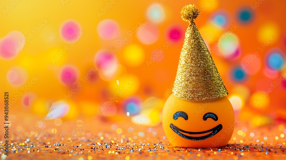A bright orange backdrop with a party emoji topped with glitter and a cone hat