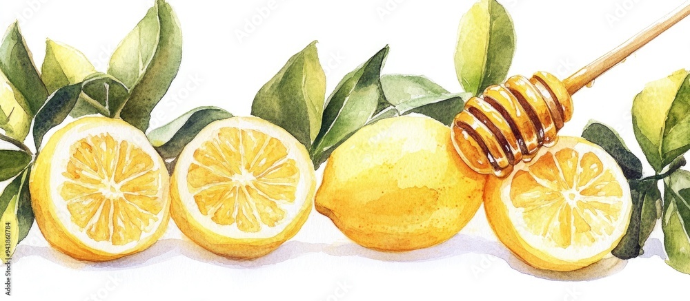 Watercolor illustration of lemons and a honey dipper on a white background Watercolor illustration of lemons and a honey dipper on a white background