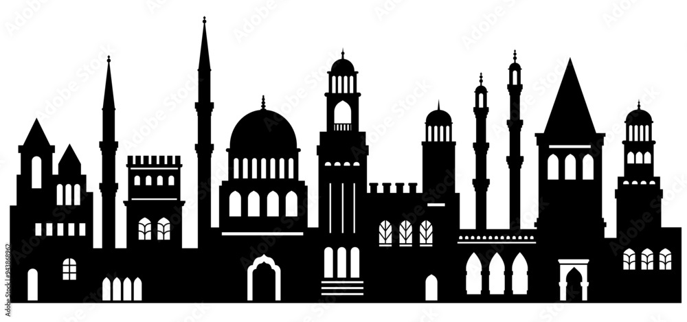 Muslim urban silhouette in flat style, mosque, minarets Muslim urban silhouette in flat style, mosque, minarets