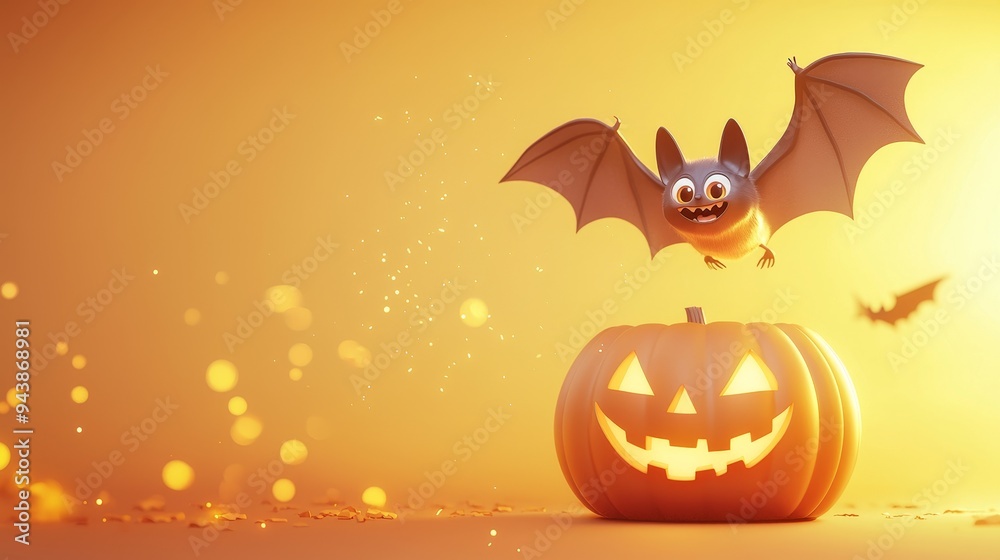 Adorable Bat Circling Glowing Jack o Lantern in Autumn Night Adorable Bat Circling Glowing Jack o Lantern in Autumn Night