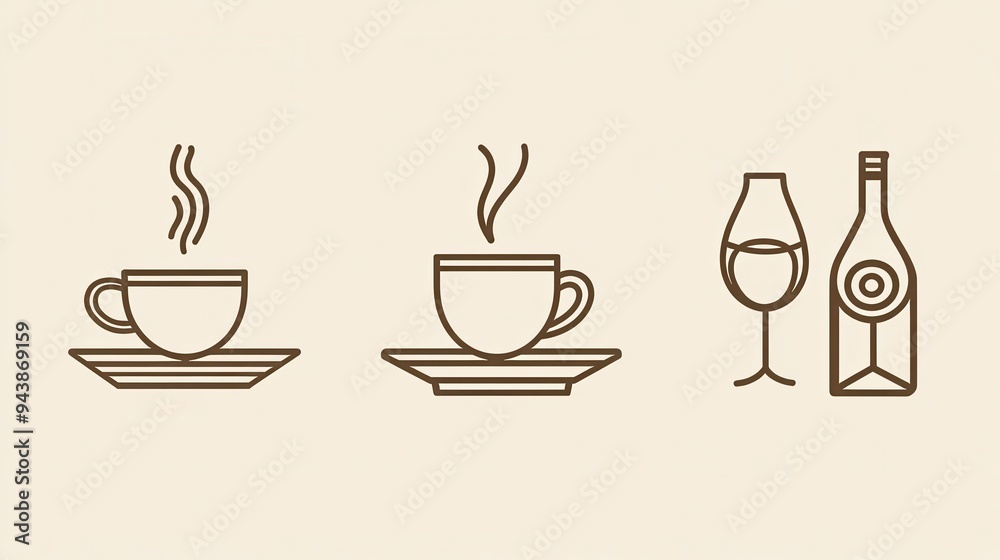 This artwork depicts a series of elegant line designs representing steam-filled cups and a wine glass, ideal for restaurant use This artwork depicts a series of elegant line designs representing steam-filled cups and a wine glass, ideal for restaurant use