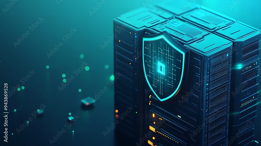 Secure server hosting concept with data protection and cybersecurity shield, representing modern data safety and technology. Secure server hosting concept with data protection and cybersecurity shield, representing modern data safety and technology.