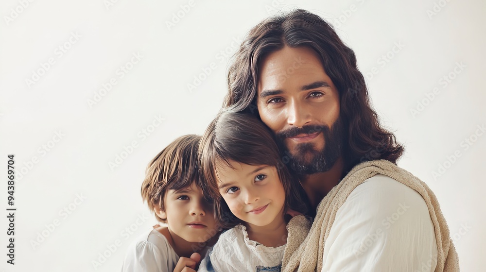 A warm, familial embrace featuring a man with long hair and two children. A warm, familial embrace featuring a man with long hair and two children.