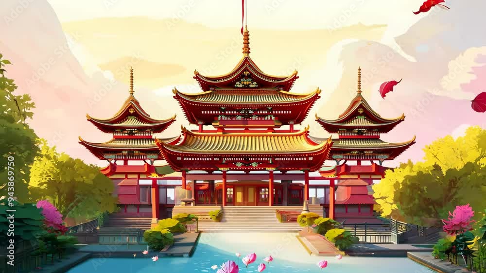 Discover the beauty of an intricately designed traditional temple in a serene landscape during sunset Discover the beauty of an intricately designed traditional temple in a serene landscape during sunset