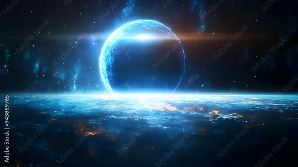 Blue planet in outer space with glowing light and star dust. Blue planet in outer space with glowing light and star dust.