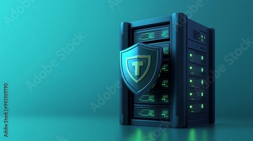 Secure server rack with a shield icon representing data protection and cybersecurity in a modern technology environment.