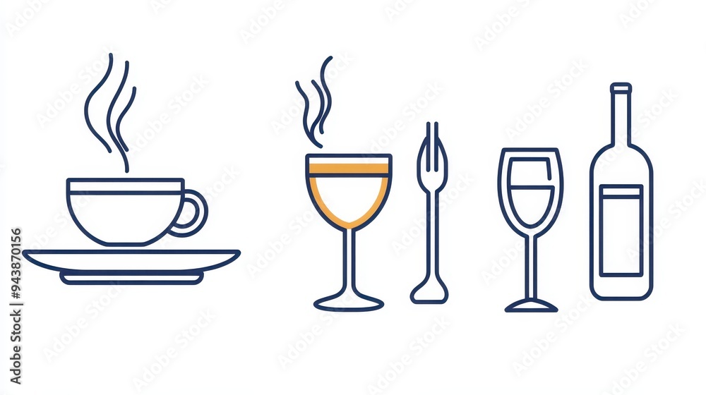 A collection of elegant vector line illustrations showcasing a coffee cup, wine glasses, a fork, and a wine bottle