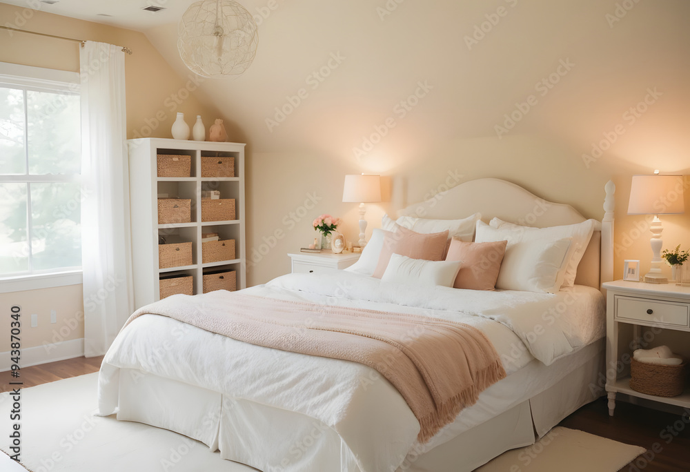 Arafed bedroom with a bed, dresser, and a window, serene and peaceful style, cream and white color scheme, clean and pristine design, cream - colored room, serene bedroom setting, white bed Arafed bedroom with a bed, dresser, and a window, serene and peaceful style, cream and white color scheme, clean and pristine design, cream - colored room, serene bedroom setting, white bed
