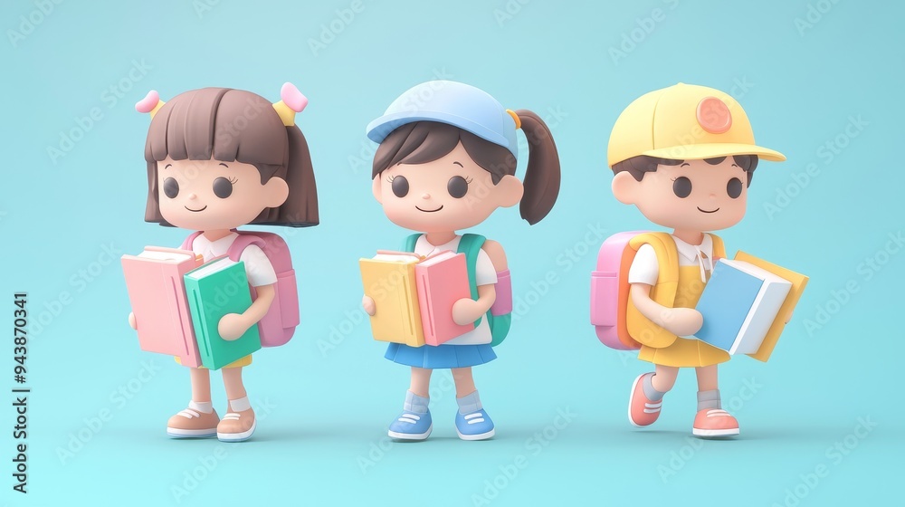 Cheerful Cartoon Kids in School Uniforms Holding Books and Backpacks Cheerful Cartoon Kids in School Uniforms Holding Books and Backpacks