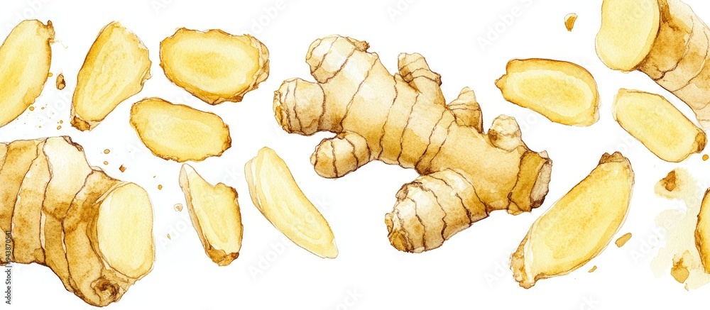 Watercolor illustration of ginger featuring ginger root and slices against a white background Watercolor illustration of ginger featuring ginger root and slices against a white background