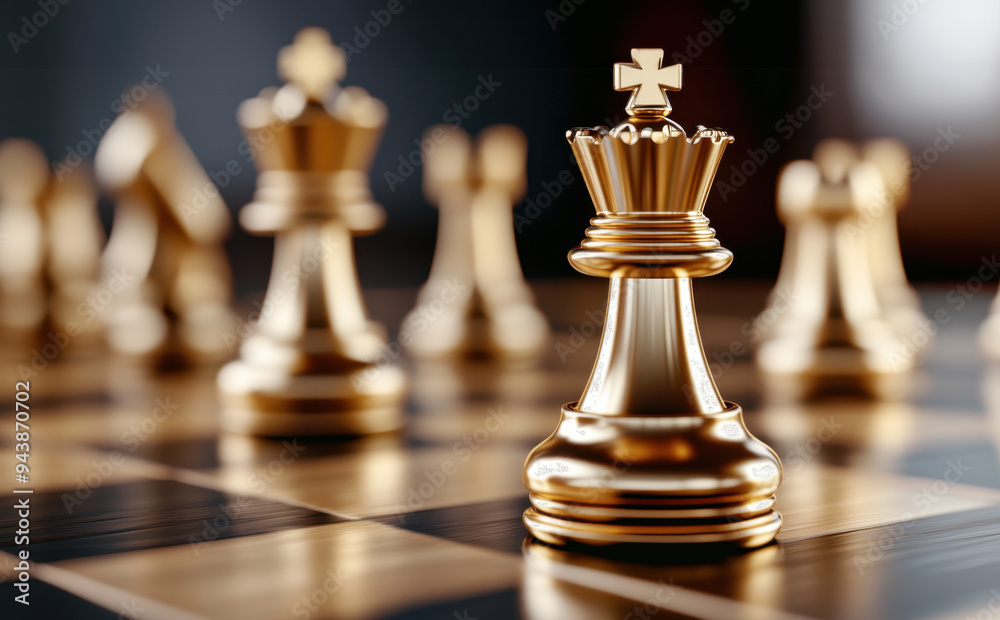 Close-up of a golden king chess piece on a wooden chessboard with blurred pieces in the background for strategic gameplay Close-up of a golden king chess piece on a wooden chessboard with blurred pieces in the background for strategic gameplay