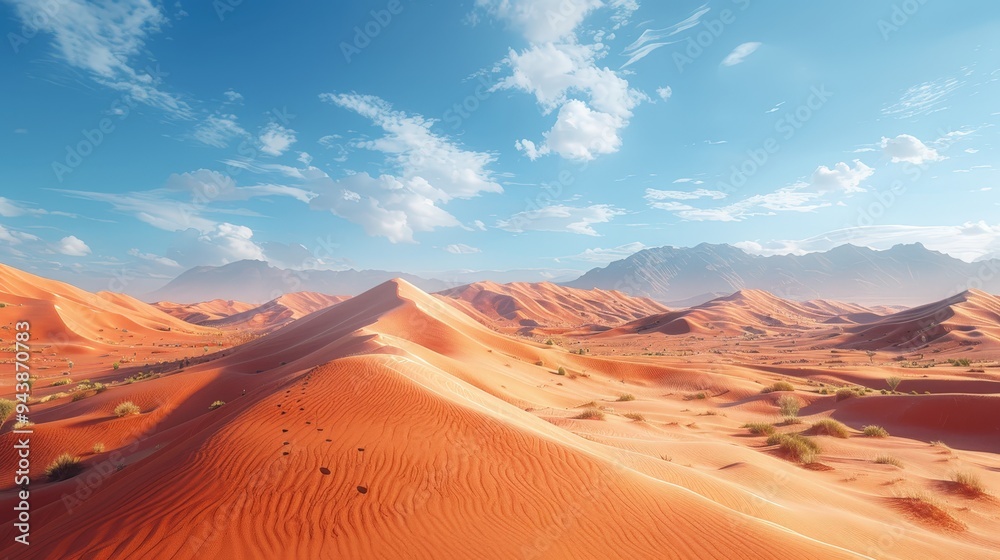 Naklejka premium Desert Landscape with Blue Sky and Rolling Dunes