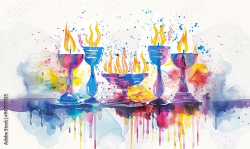 Wallpaper Mural Celebrate the spirit of Chanukah with this beautiful watercolor illustration that features vibrant menorahs adorned with dancing flames, capturing the joy and warmth of the festival Torontodigital.ca