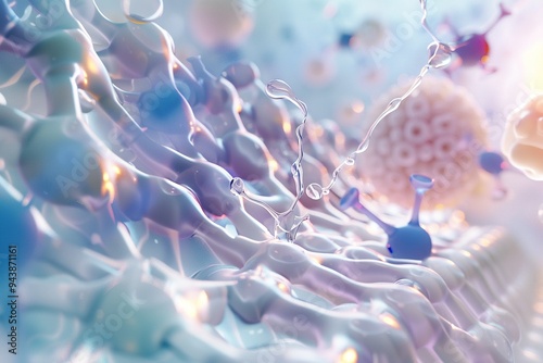 A close-up illustration depicting the molecular structure of moisturizer ingredients being absorbed into the outer layer of the skin cells.