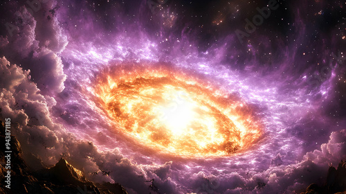 Bright, fiery cosmic vortex seen from a rocky, mountainous landscape, with swirling purple and white clouds in the foreground and a starry night sky.