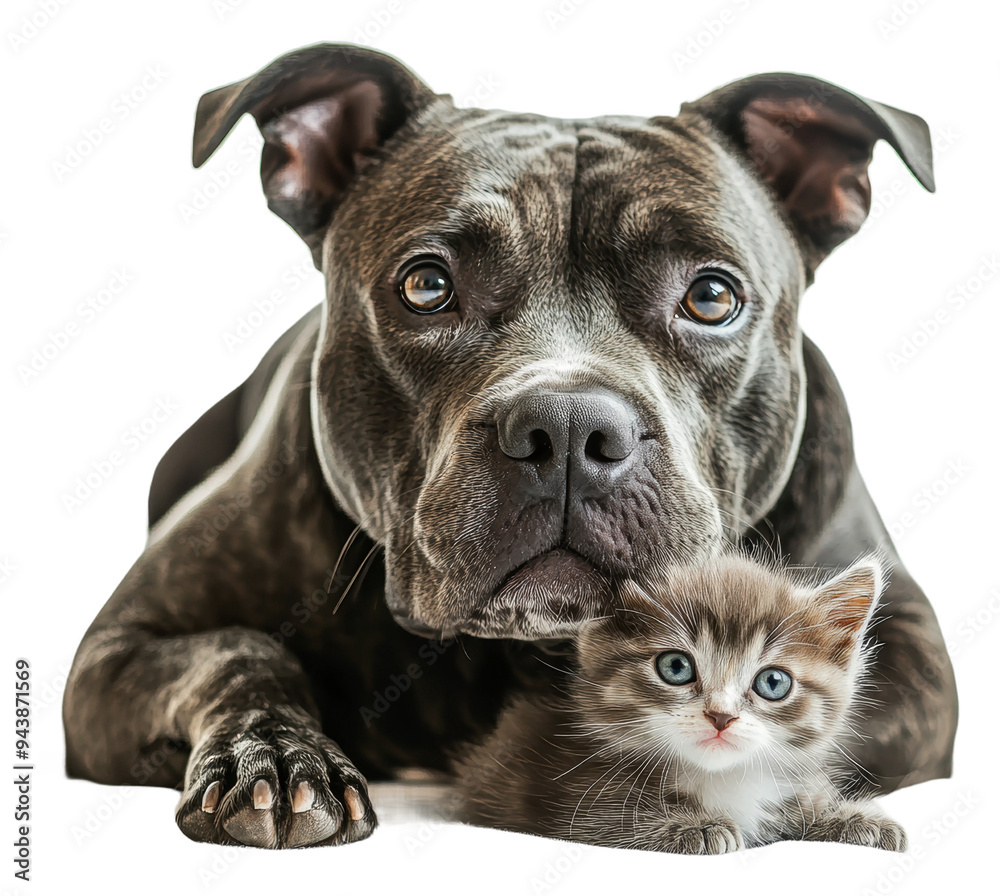 PNG A pit bull lying beside a small kitten indoors PNG A pit bull lying beside a small kitten indoors