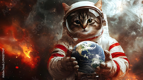 Cat astronaut holds a minia...