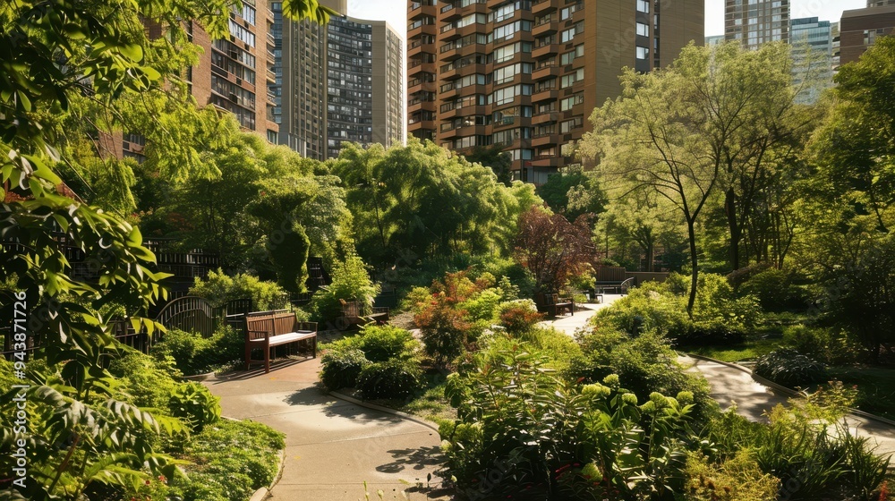 Serene Urban Oasis: Panoramic View of Green Park in High-Rise Building Complex Serene Urban Oasis: Panoramic View of Green Park in High-Rise Building Complex