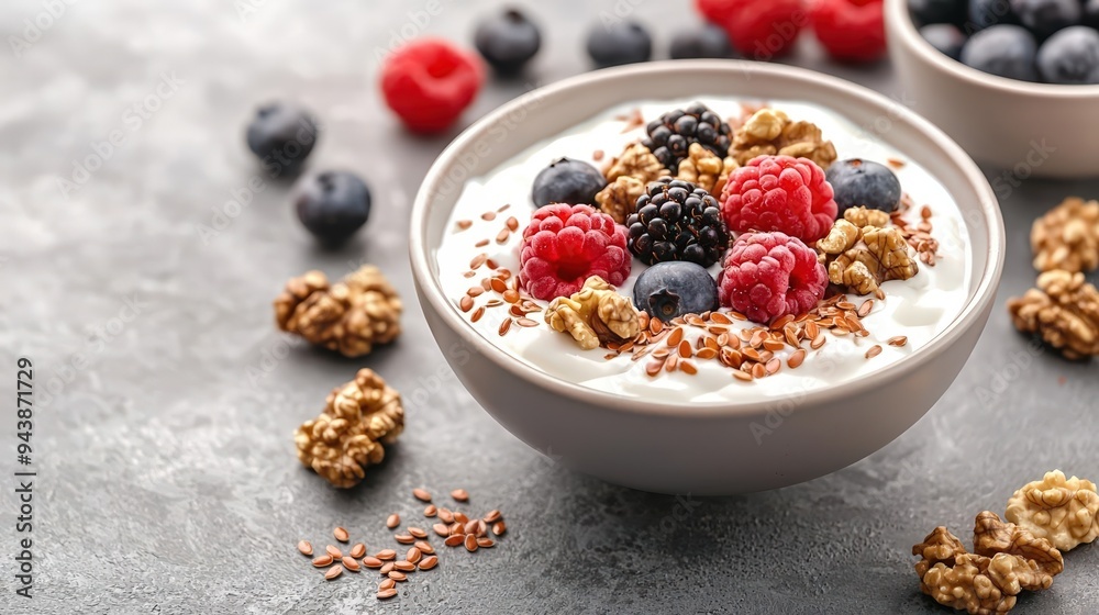A delicious bowl of yogurt topped with fresh berries and granola, perfect for a healthy breakfast or snack option. A delicious bowl of yogurt topped with fresh berries and granola, perfect for a healthy breakfast or snack option.